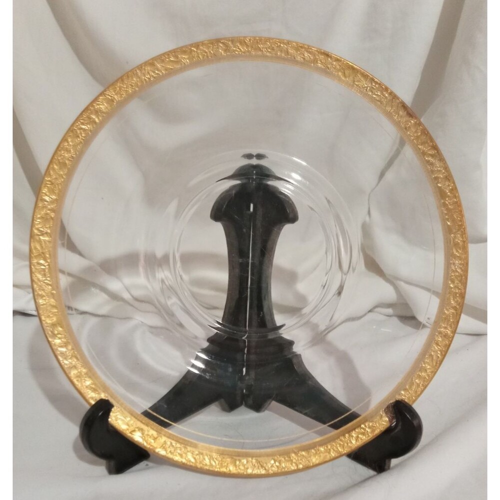Vintage Glass Clear Plate 10”with Gold Tone Encrusted Rim Clear Dish